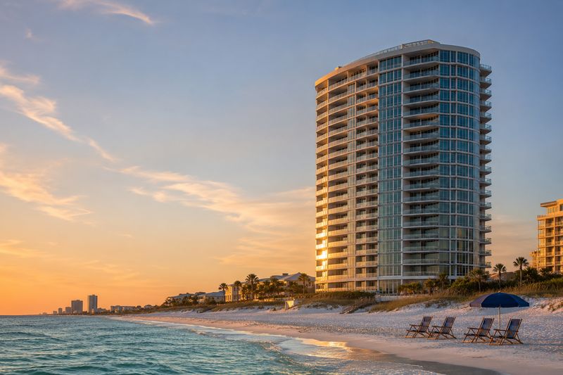 High-rise condo tower viewed from the beach at golden hour