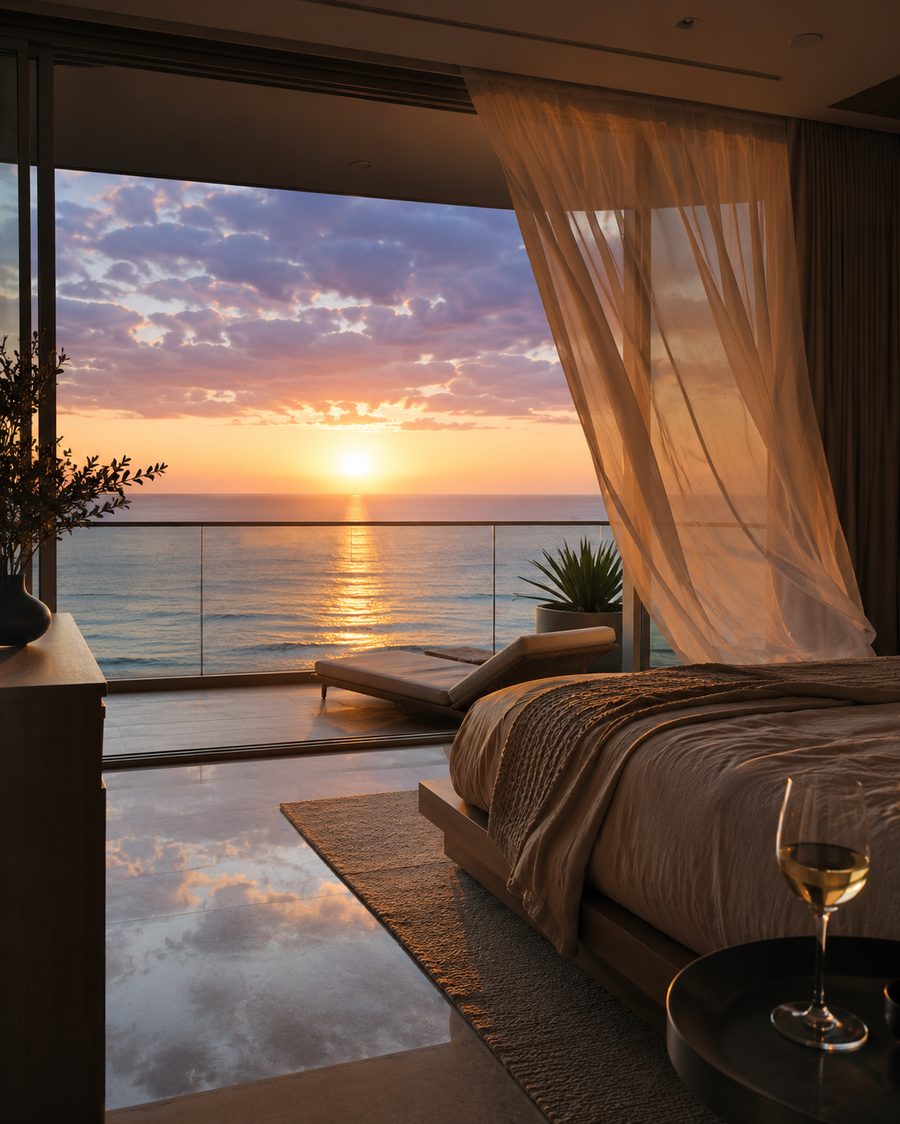 Sunset balcony view over the Gulf from a high-rise condo bedroom