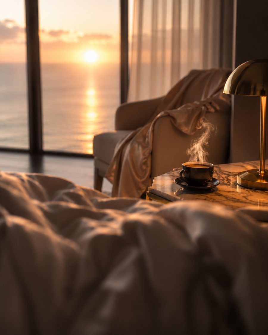 Sunrise living area with steaming coffee, silk throw, and Gulf view