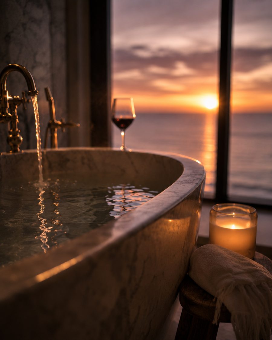 Marble soaking tub at sunset with candlelight and Gulf view