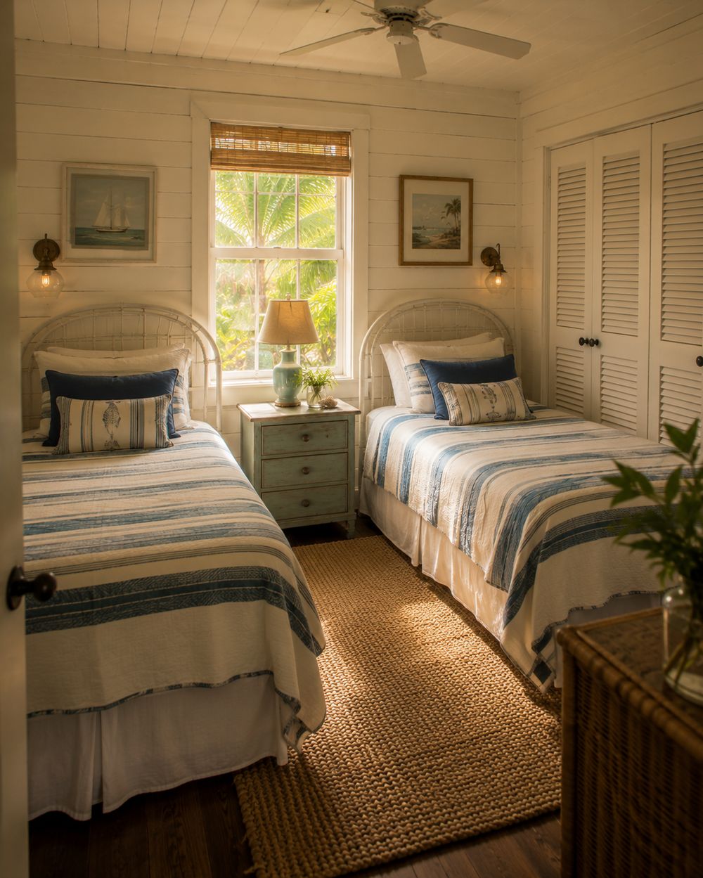 Second bedroom with twin beds and nautical striped bedding