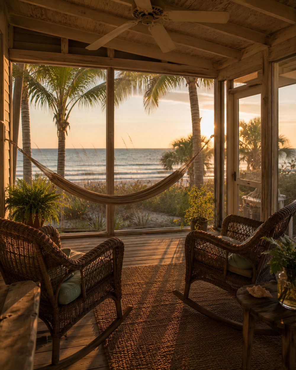 Screened back porch with hammock overlooking the Gulf at sunset