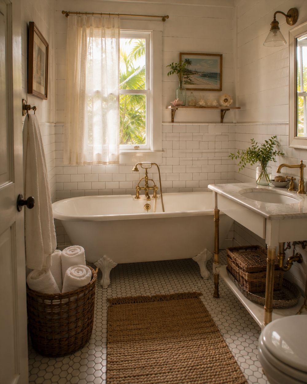 Coastal cottage bathroom with clawfoot tub and brass fixtures