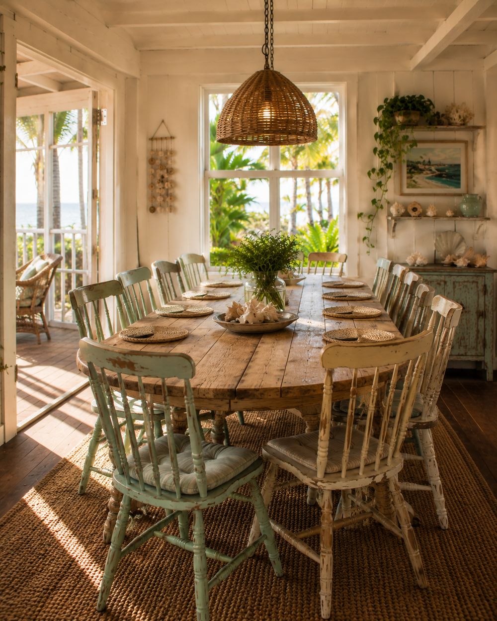 Coastal cottage dining table with mismatched painted chairs