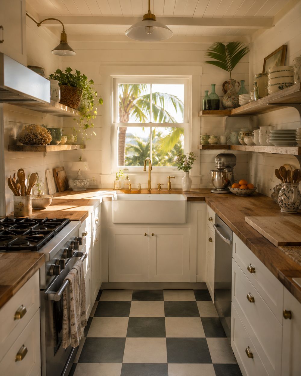 Coastal cottage kitchen with checkerboard floor and brass fixtures