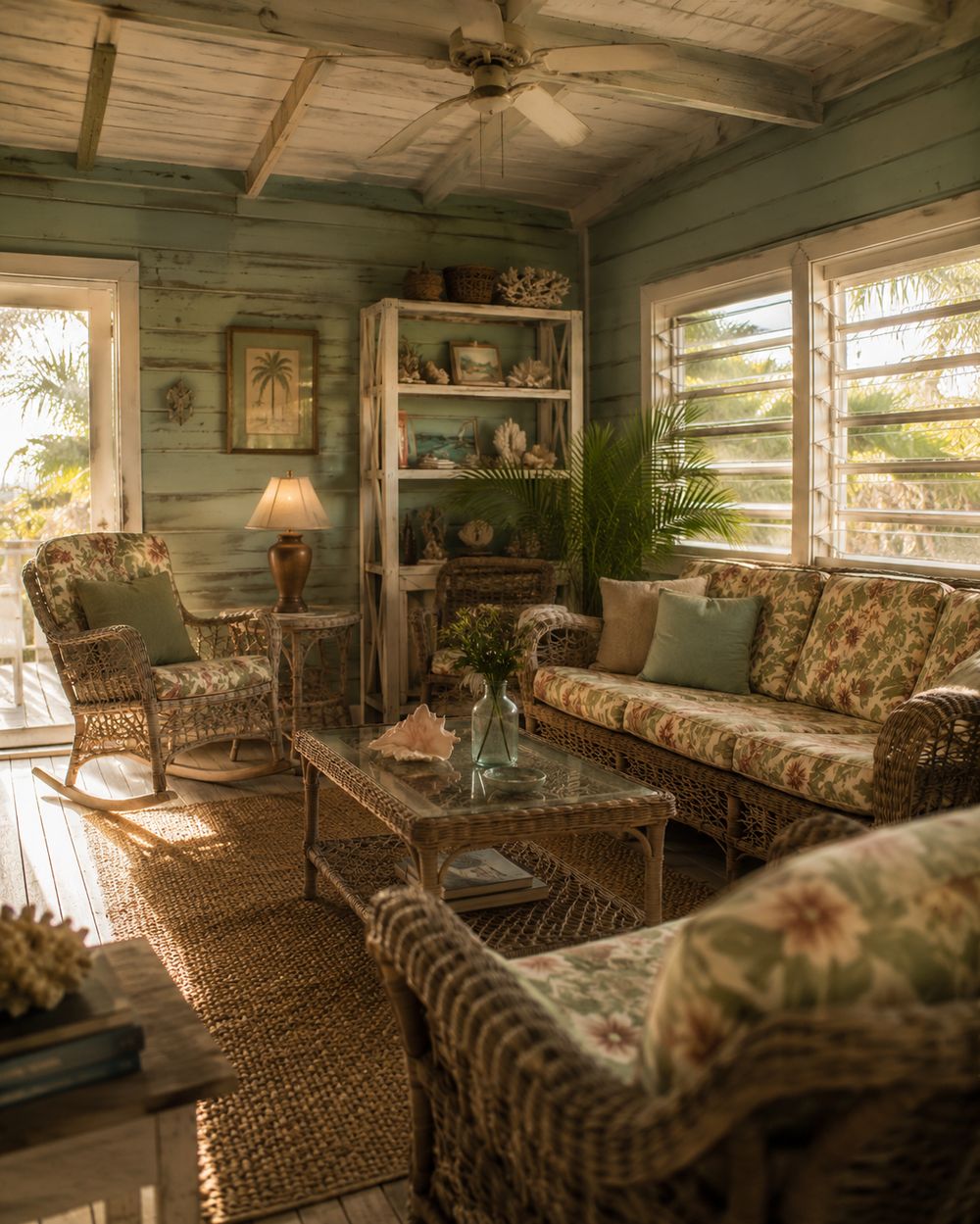 Cozy Old Florida cottage living room with wicker furniture