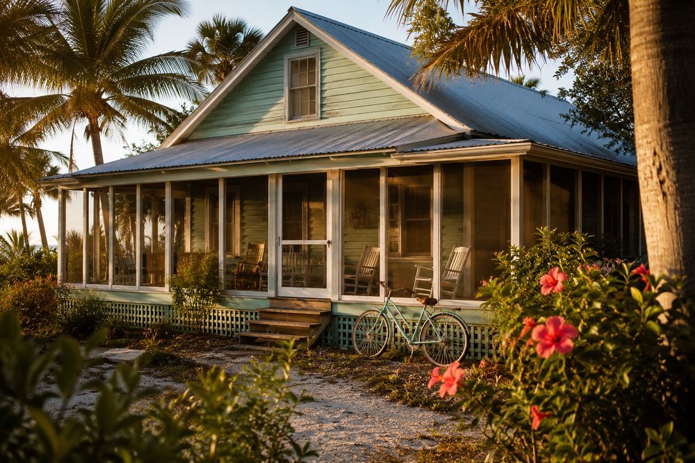 Seafoam green Old Florida cottage exterior with tin roof, bike, and hibiscus
