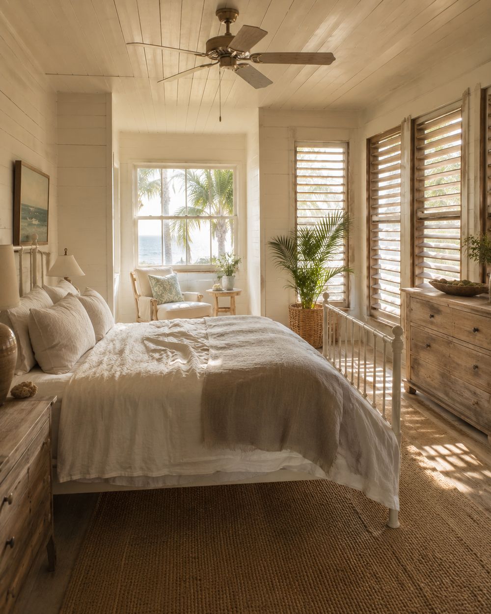 Coastal cottage primary bedroom with iron bed frame and louvered shutters