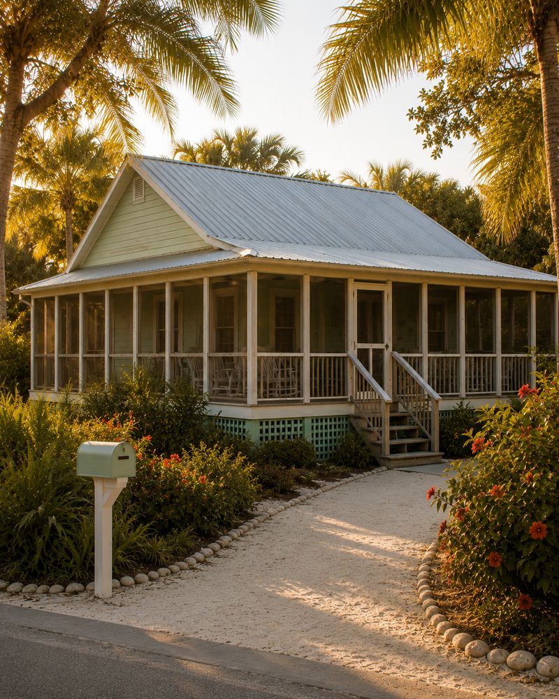 Seafoam green Old Florida cottage viewed from the street