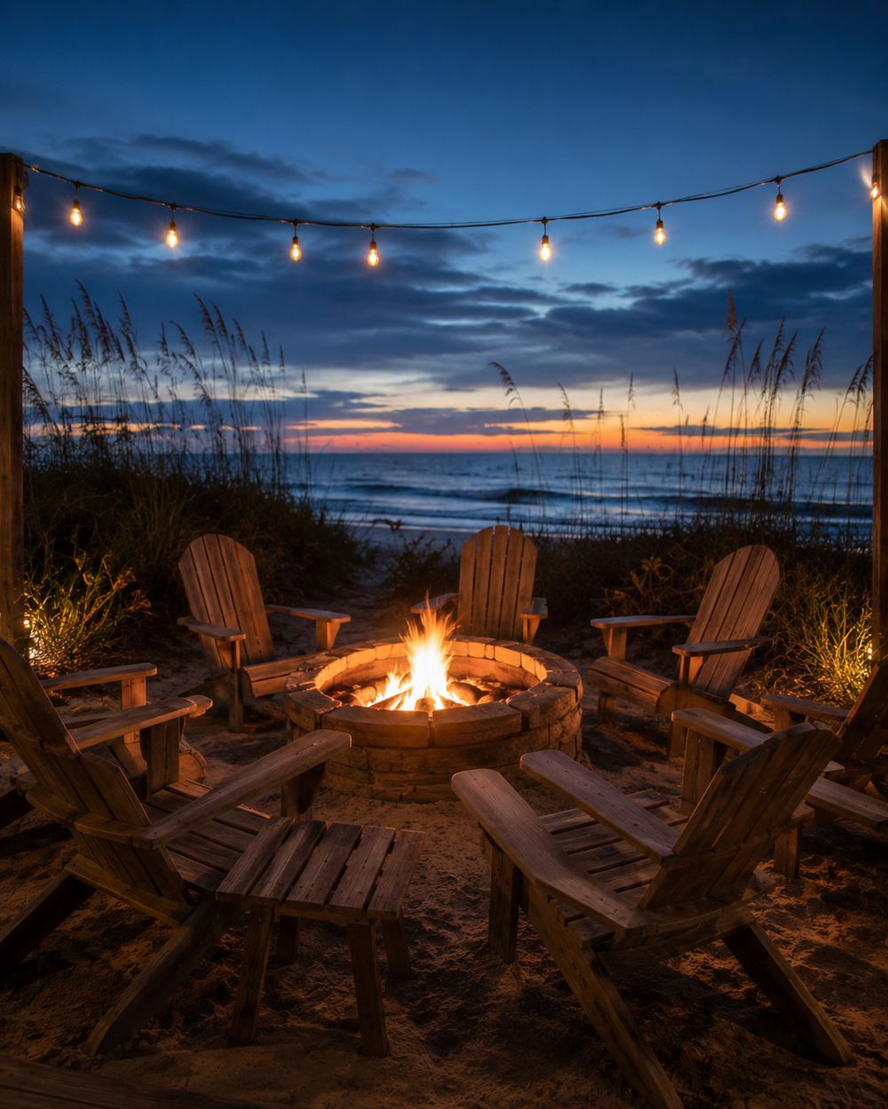 Beachside fire pit at dusk with string lights and dune grass