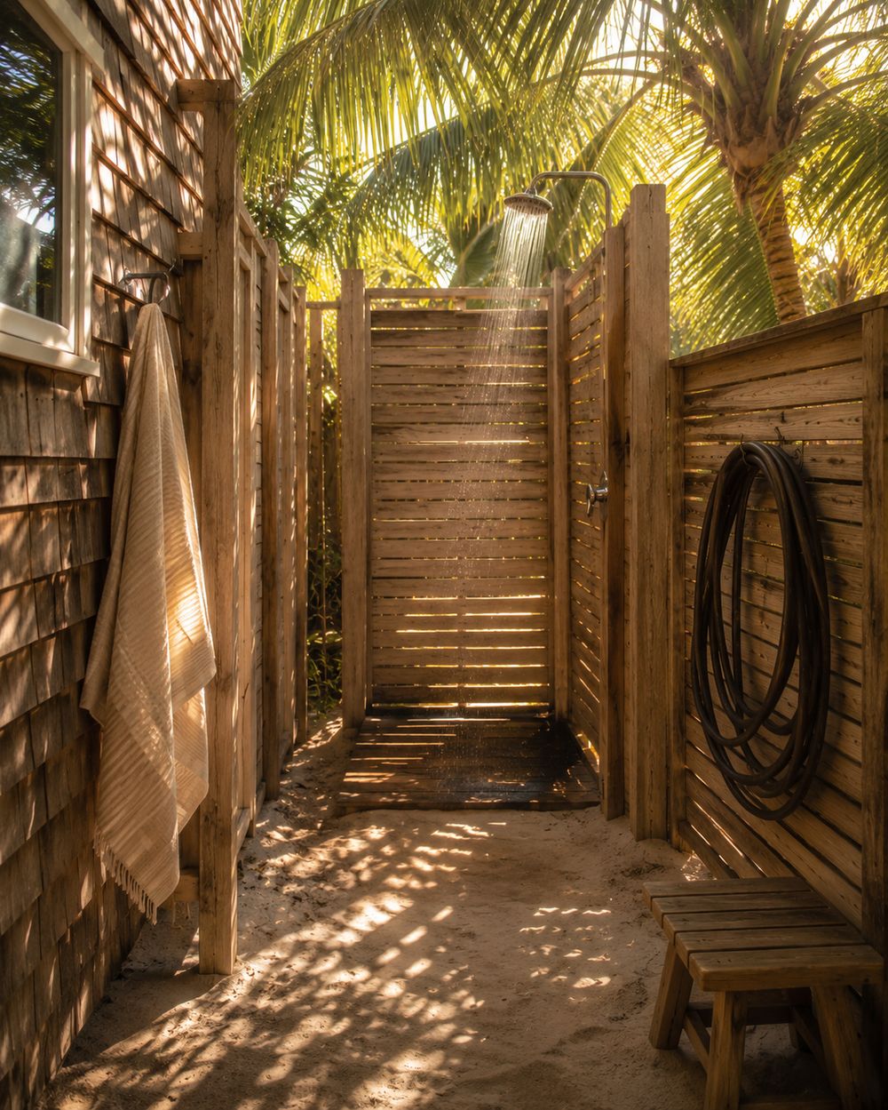 Outdoor shower attached to a beach house under palm trees