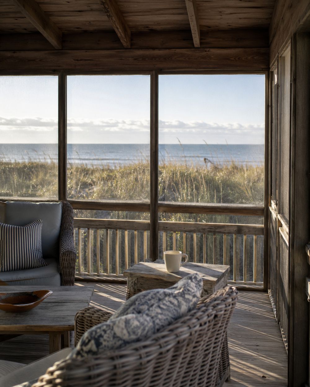 Screened porch at sunrise overlooking dune grass and the Gulf