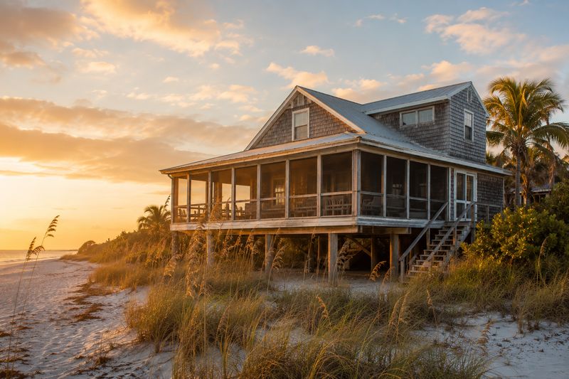 Weathered beach house on stilts viewed from the beach at golden hour
