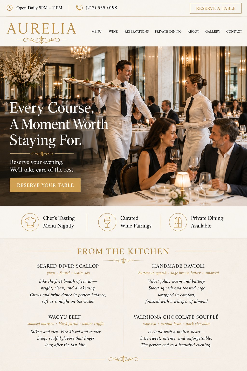 Aurelia fine dining restaurant website mockup