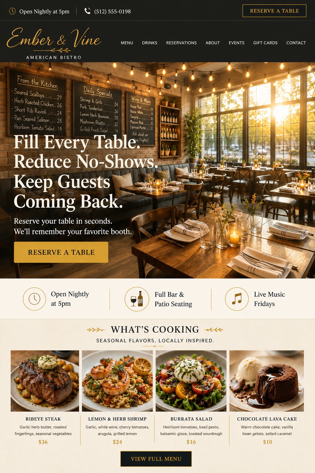 Ember and Vine bistro website mockup