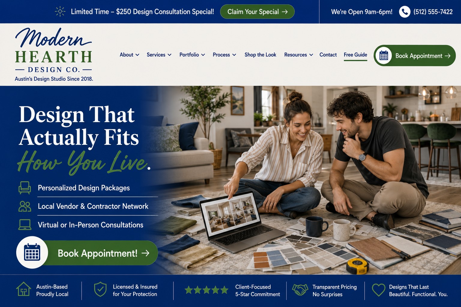 Modern Hearth Design Co, Austin website mockup