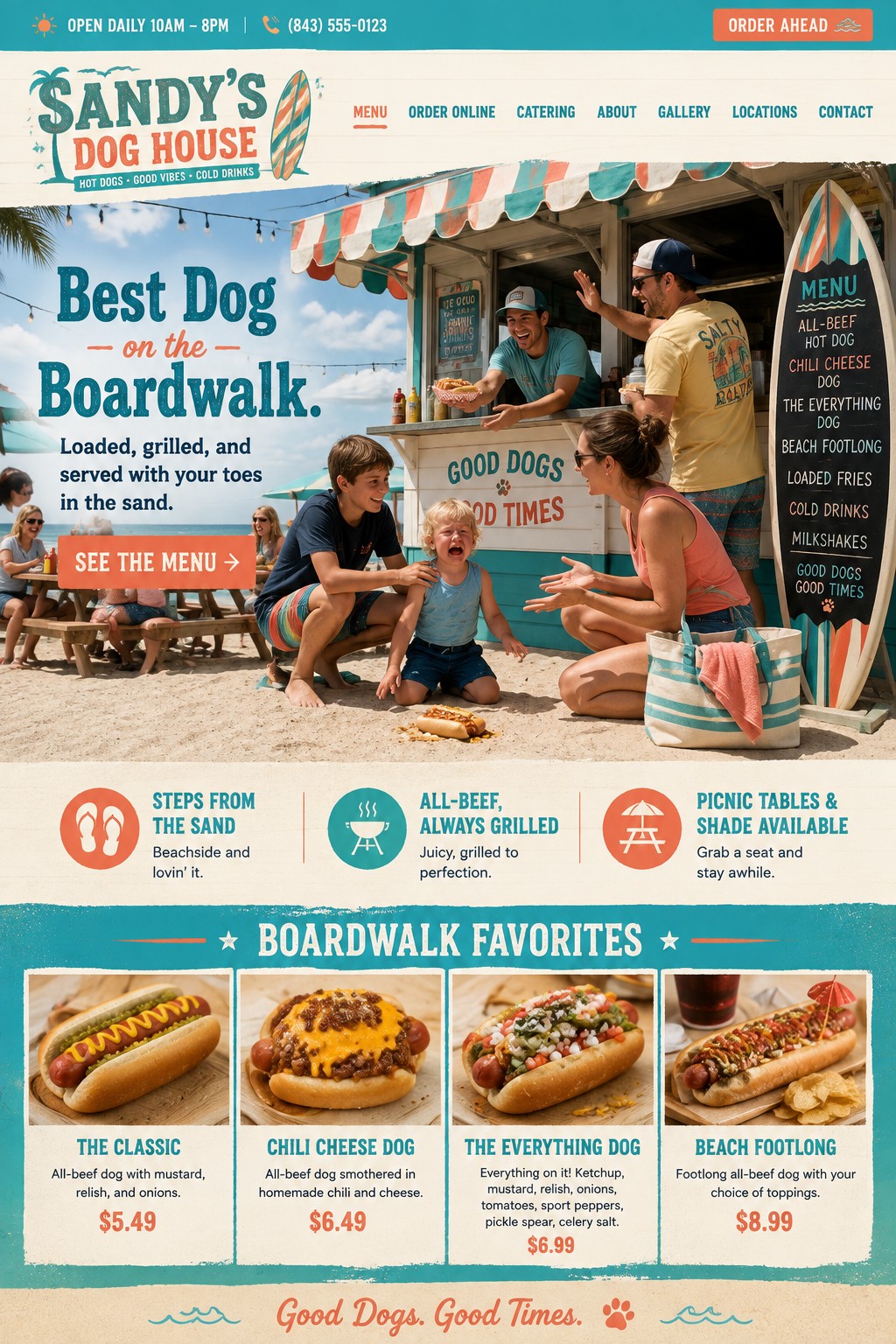 Sandy's Dog House beachside hot dog stand website mockup