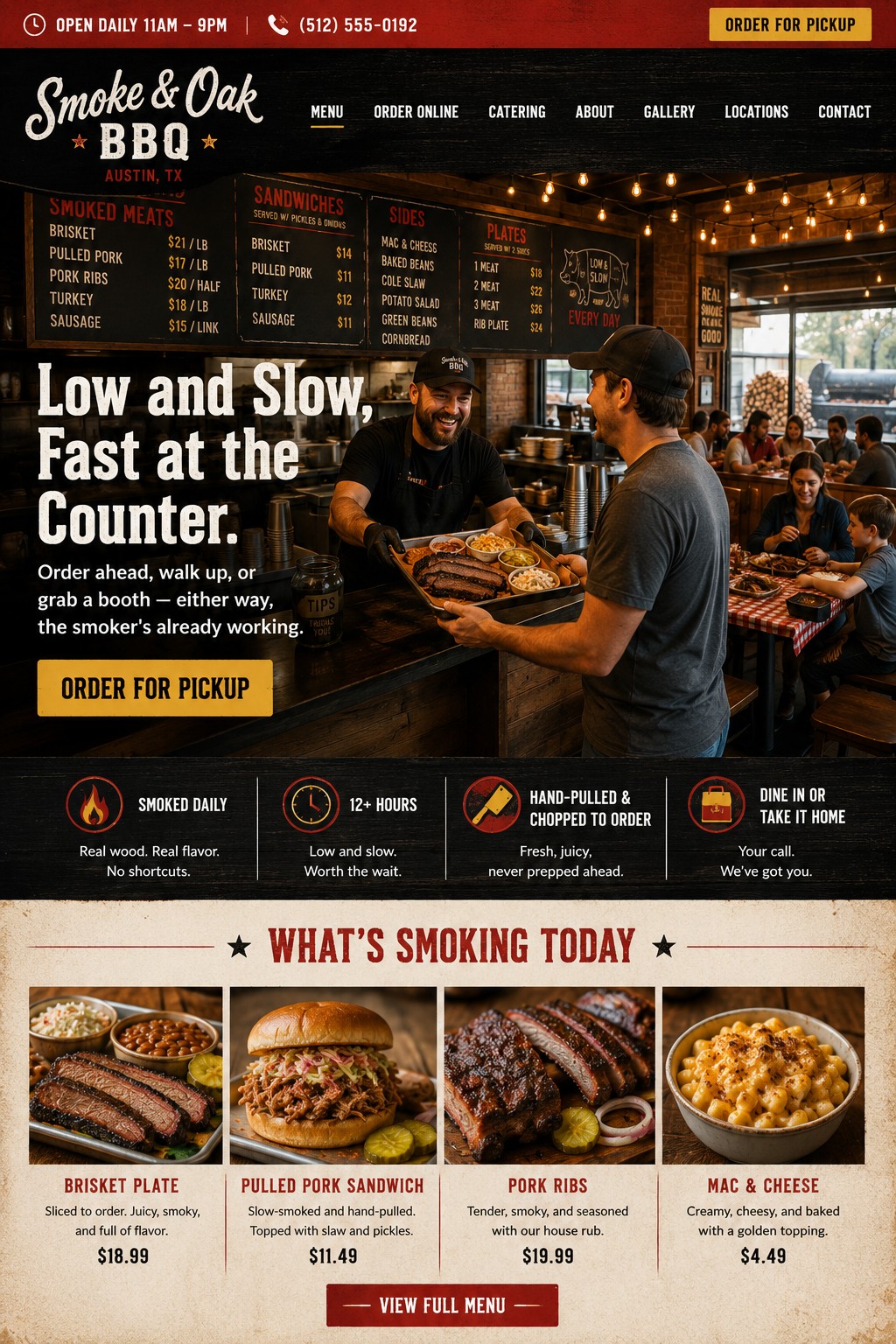 Smoke and Oak BBQ website mockup