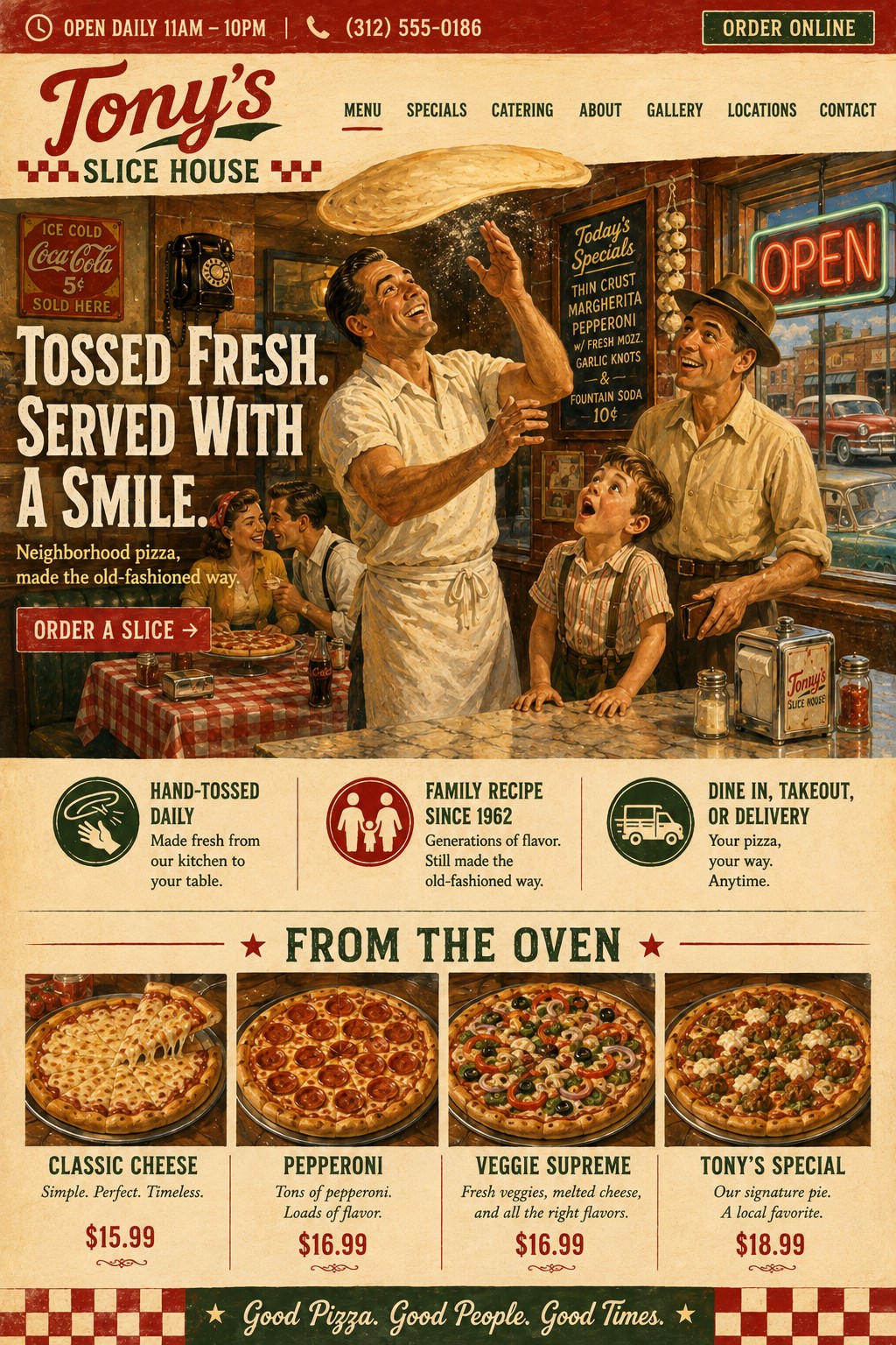 Tony's Slice House pizzeria website mockup, painted illustration style